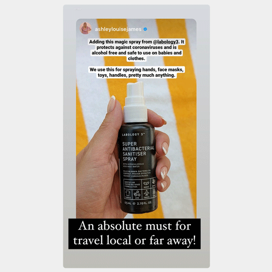 Labology 3 Customer review by mum and DJ Ashley Louise James for safe and effective sanitiser for babies and kids